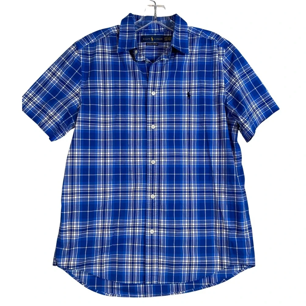 Ralph‎ Lauren Boys XL 18-20 Blue Plaid Short Sleeve Button Down Classic Preppy